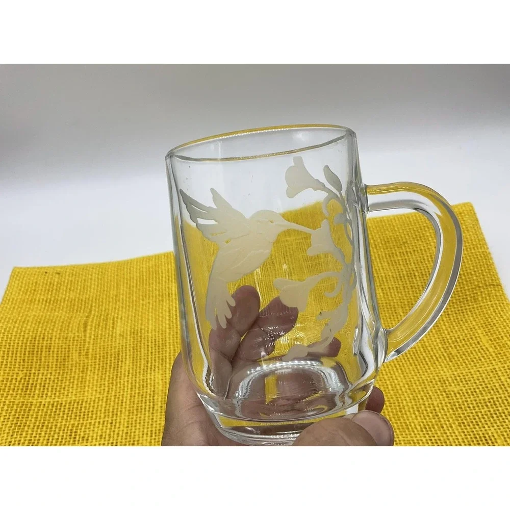 Clear Etched Hummingbird Beer Mug Glass France Handle Barware Decor